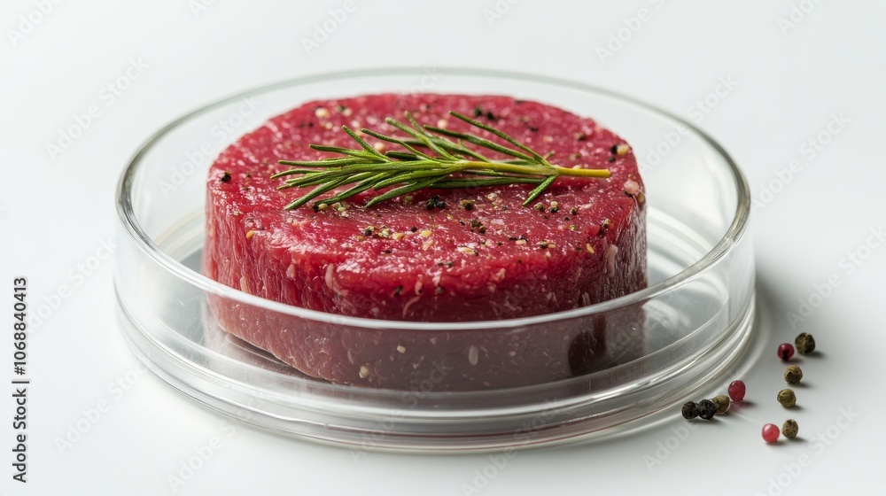 Raw gourmet beef tartare with rosemary in glass dish, culinary presentation. Gastronomy and fine dining concept Raw gourmet beef tartare with rosemary in glass dish, culinary presentation. Gastronomy and fine dining concept