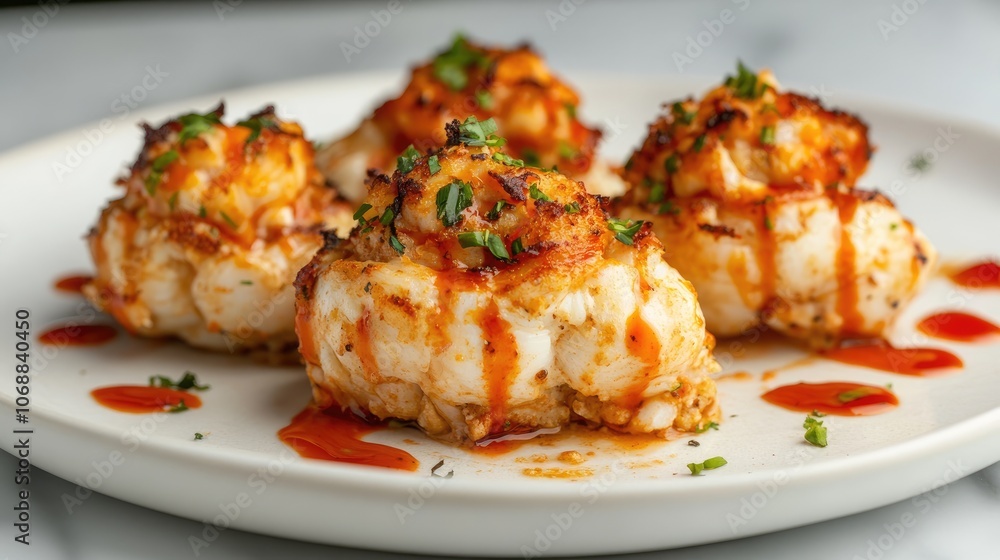 A close-up of stuffed blue crabs on a white plate, showcasing intricate stuffing and vibrant seafood in a clean, minimal setting A close-up of stuffed blue crabs on a white plate, showcasing intricate stuffing and vibrant seafood in a clean, minimal setting