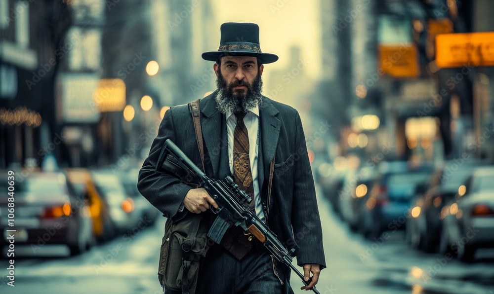 Man in suit with rifle walks city street. Man in suit with rifle walks city street.