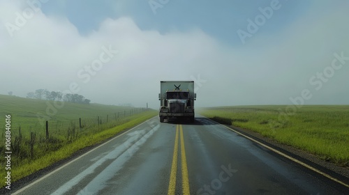 Truck Driving Along a Misty Rural Road with Fog and Open Fields, Capturing the Solitude and Scenic Beauty of a Peaceful Morning Journey Through the Countryside