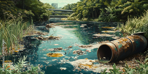 Polluted river with industrial wastewater, floating garbage, and oil slicks, showing environmental degradation and nearby withering plants. A somber scene emphasizing pollution, ecological harm photo