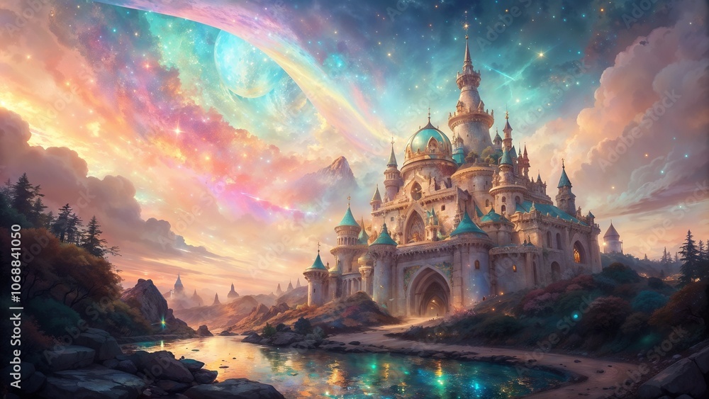 Majestic fantasy castle under a starry sky with cosmic colors, enchanting landscape, dreamy scenery, copy space Majestic fantasy castle under a starry sky with cosmic colors, enchanting landscape, dreamy scenery, copy space