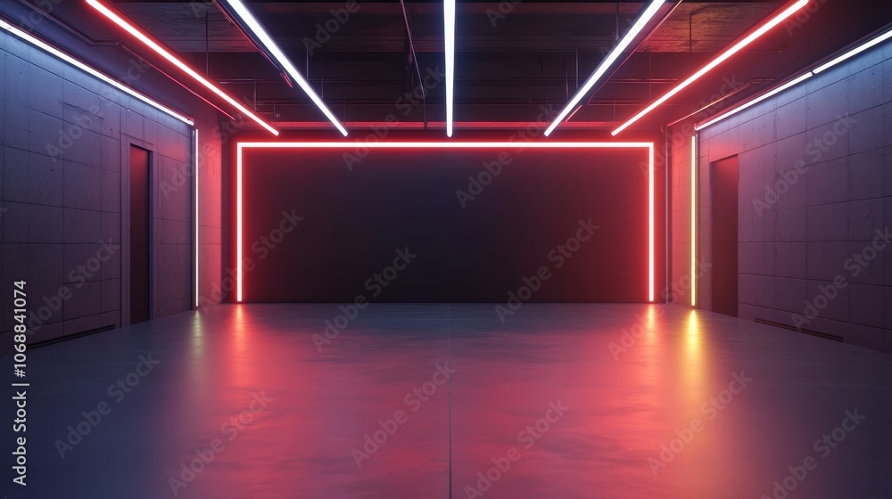 Red and blue neon lights illuminate a dark empty room with a black wall. Red and blue neon lights illuminate a dark empty room with a black wall.