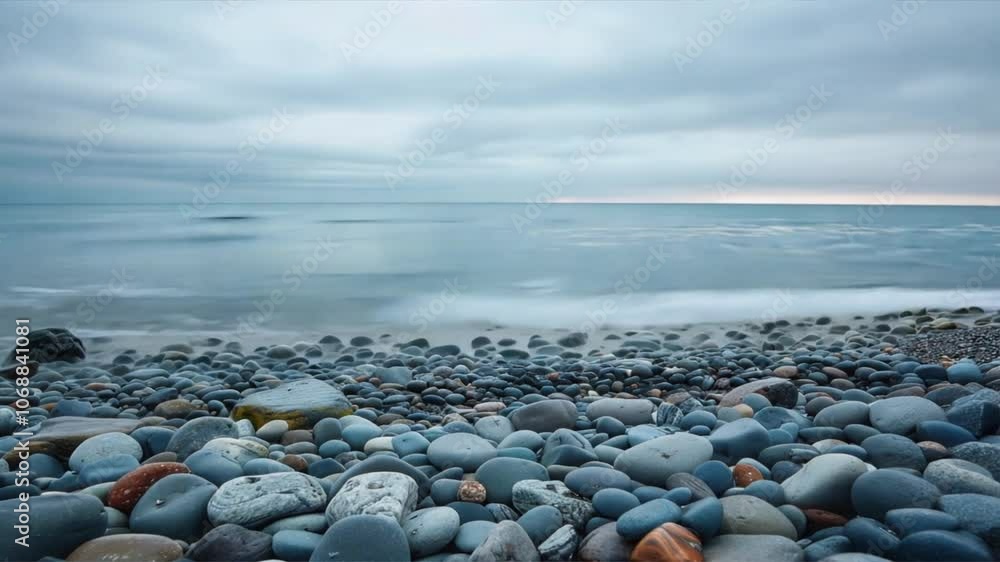 Tranquil Beach Scene with Smooth Pebbles, Gentle Waves, and Cloudy Sky Serene Shoreline Embracing Natures Calm Ocean Waters Tranquil Beach Scene with Smooth Pebbles, Gentle Waves, and Cloudy Sky Serene Shoreline Embracing Natures Calm Ocean Waters