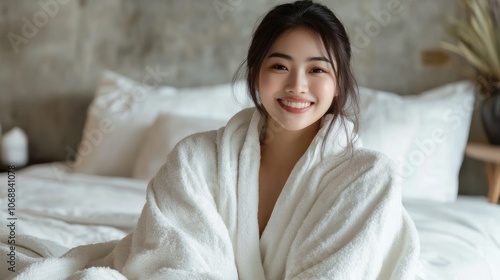 Smiling Woman in White Bathrobe on a Bed