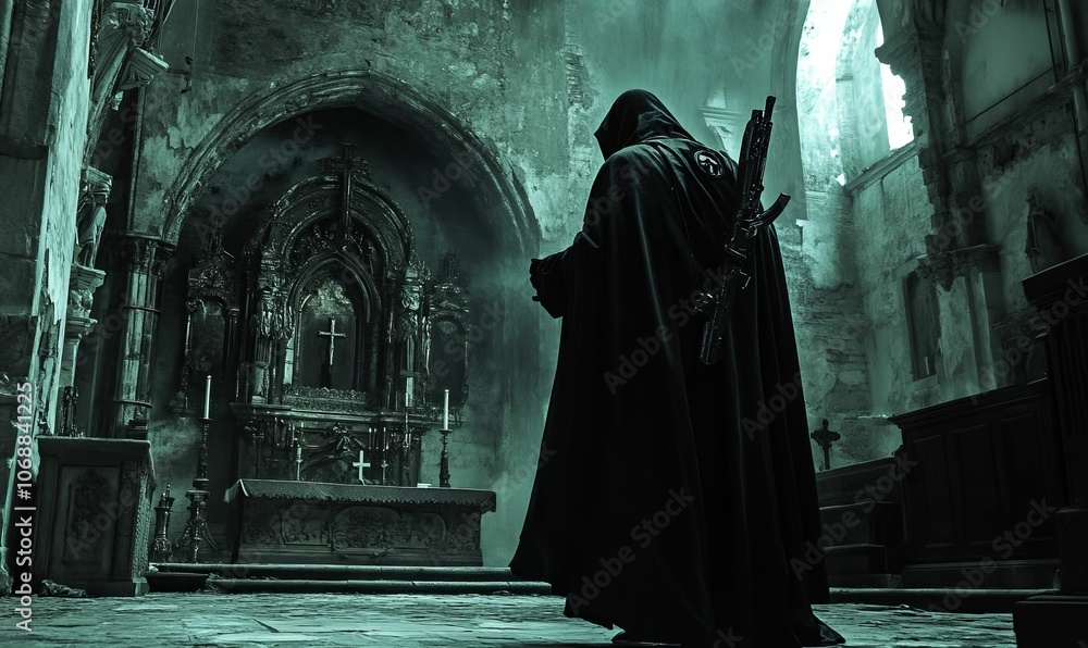 A hooded figure stands in a darkened church. A hooded figure stands in a darkened church.