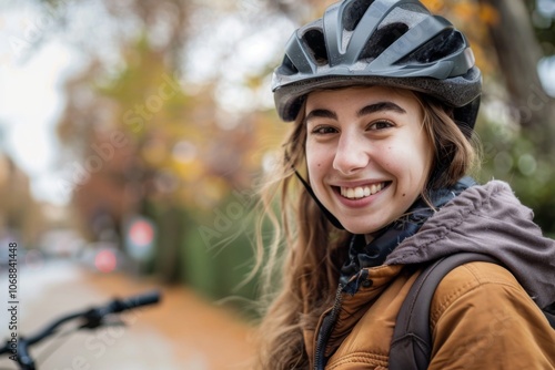 Portrait of a smiling Caucasian girl with bicycle helmet