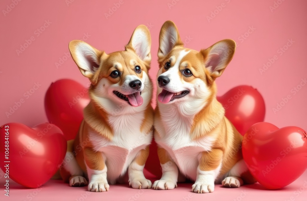 Two Corgi Dogs Surrounded by Heart-Shaped Balloons for Valentine's Day
Two Corgi Dogs Surrounded by Heart-Shaped Balloons for Valentine's Day