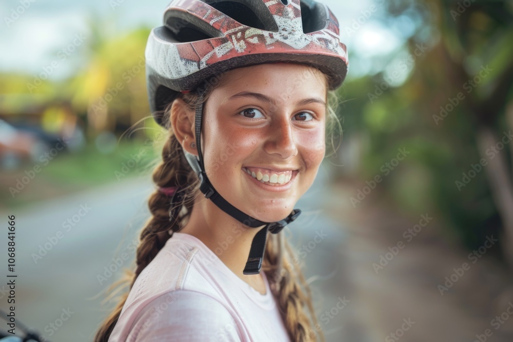 Portrait of a smiling Caucasian girl with bicycle helmet Portrait of a smiling Caucasian girl with bicycle helmet