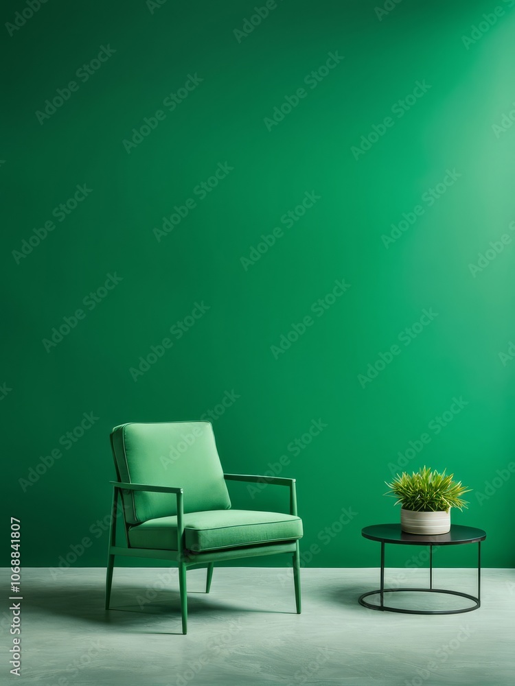 Modern green chair and table with vase and plants on green background. Minimalistic studio furniture photography Modern green chair and table with vase and plants on green background. Minimalistic studio furniture photography