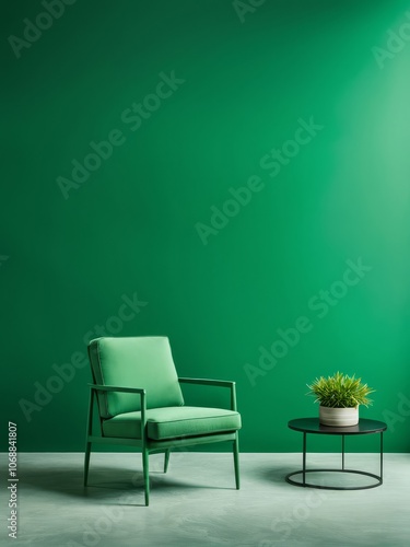 Modern green chair and table with vase and plants on green background. Minimalistic studio furniture photography