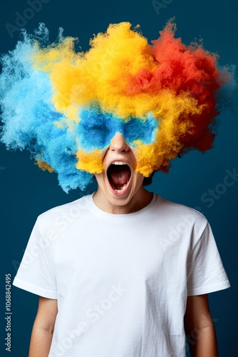 A vibrant, colorful portrait of a person with fluffy, bright hair-like cotton candy, expressing joy and excitement, Ideal for marketing campaigns, social media content, or creative projects,