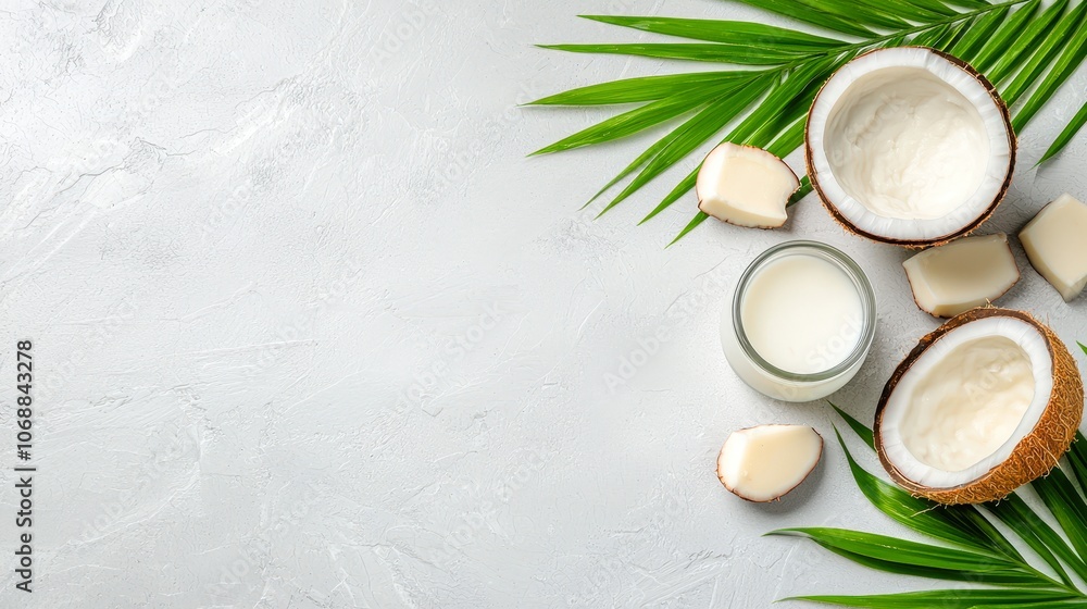 Coconut milk and flesh are artfully arranged alongside fresh coconut pieces and green palm leaves on a textured background, ideal for wellness, cooking, and beauty product promotions, Coconut milk and flesh are artfully arranged alongside fresh coconut pieces and green palm leaves on a textured background, ideal for wellness, cooking, and beauty product promotions,