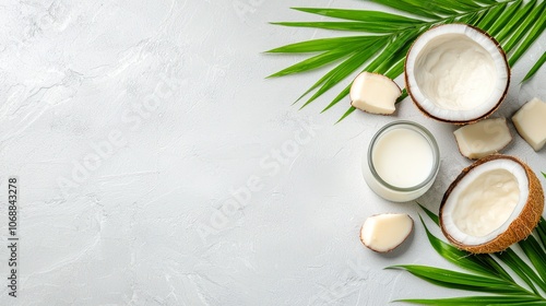 Coconut milk and flesh are artfully arranged alongside fresh coconut pieces and green palm leaves on a textured background, ideal for wellness, cooking, and beauty product promotions,