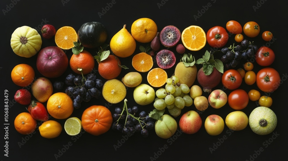 Collection of mixed fruits arranged in an overhead flat lay, highlighting the natural colors and textures of fresh produce Collection of mixed fruits arranged in an overhead flat lay, highlighting the natural colors and textures of fresh produce