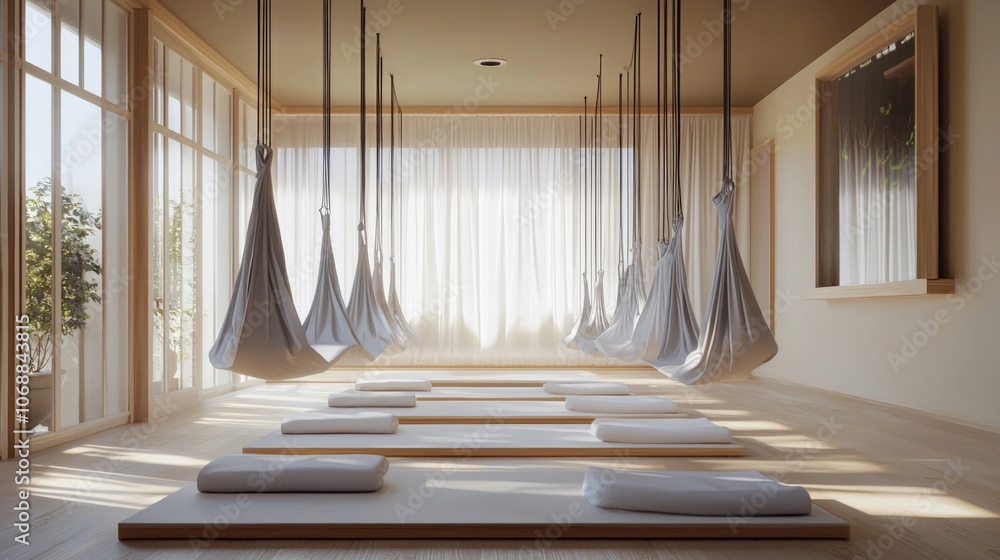 calming fly yoga room features soft neutral tones suspended fabric supports and minimalistic design. Spacious mats invite practitioners explore their practice peaceful environment. calming fly yoga room features soft neutral tones suspended fabric supports and minimalistic design. Spacious mats invite practitioners explore their practice peaceful environment.