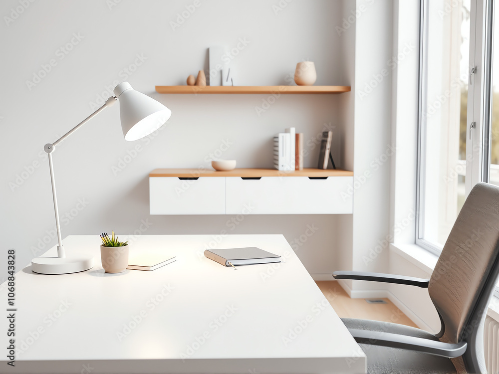 Bright and minimalistic workspace with a desk lamp, potted plant, and organized shelves in a sunlit room Bright and minimalistic workspace with a desk lamp, potted plant, and organized shelves in a sunlit room