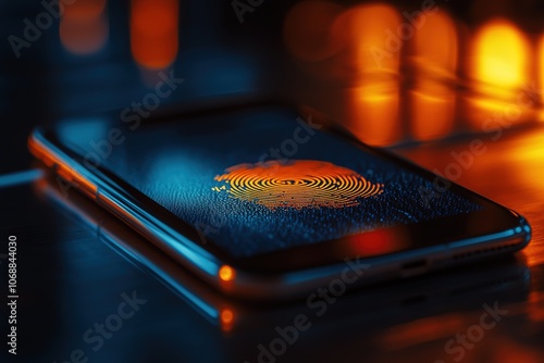 Smartphone with fingerprint sensor glowing on screen, modern tec