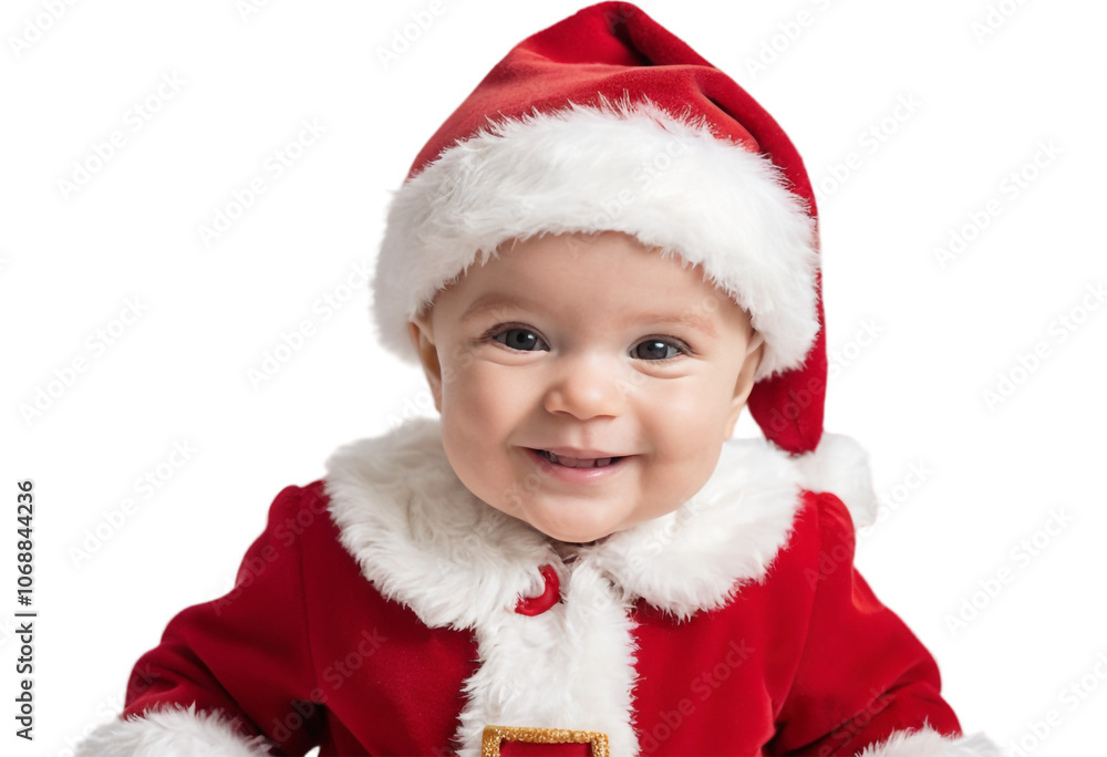 Adorable Smiling Baby in Red Christmas Outfit and Santa Hat on White Background. Transparent PNG. Adorable Smiling Baby in Red Christmas Outfit and Santa Hat on White Background. Transparent PNG.
