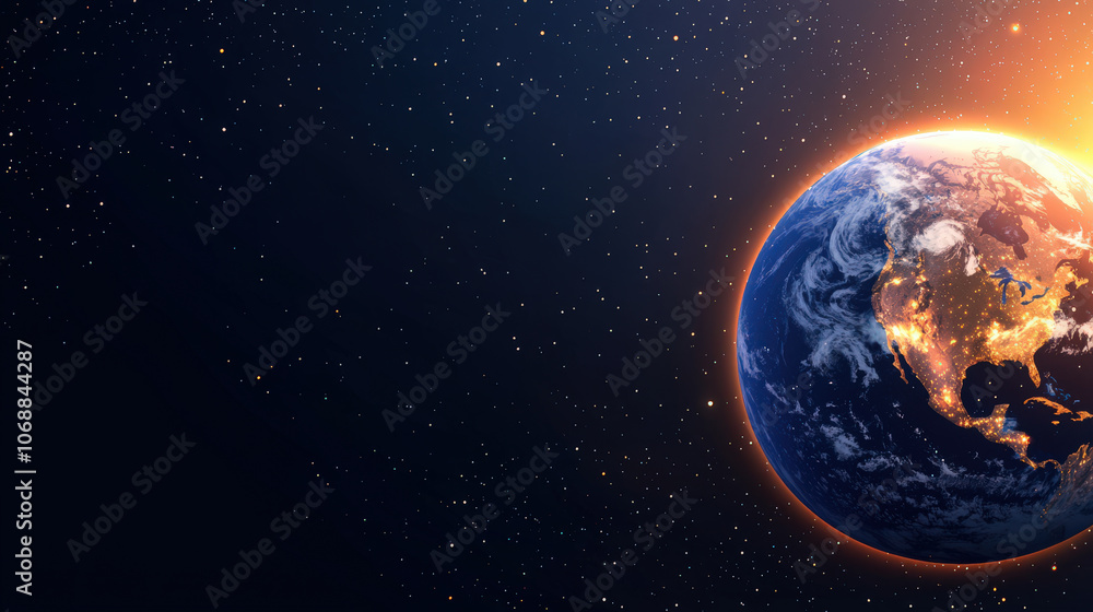 Earth from space with glowing lights and stars in background, showcasing beautiful view of our planet. vibrant colors and cosmic elements create stunning visual experience Earth from space with glowing lights and stars in background, showcasing beautiful view of our planet. vibrant colors and cosmic elements create stunning visual experience