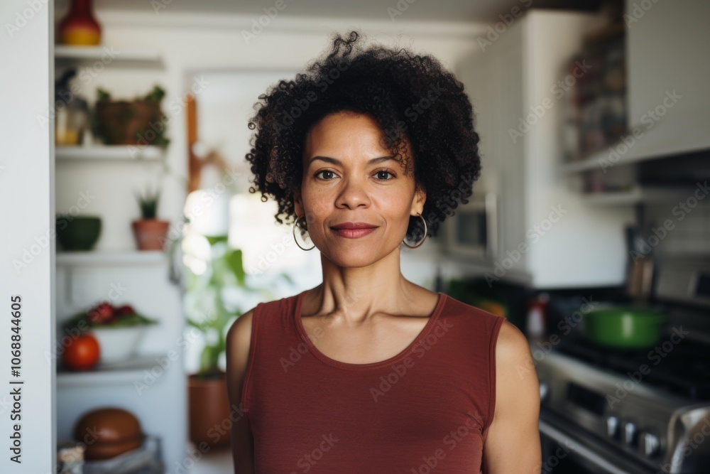 Portrait of a African American middle aged fit woman standing in kitchen Portrait of a African American middle aged fit woman standing in kitchen