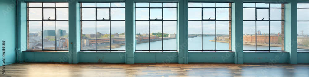 Naklejka premium Spacious Room with Panoramic River Views Through Windows