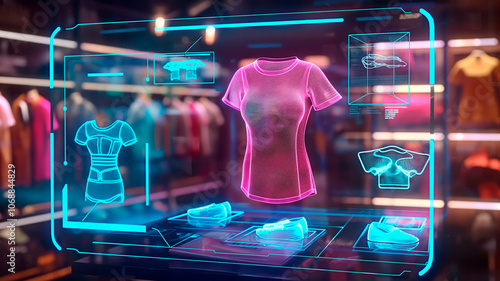 Augmented reality clothing display in futuristic retail store. Virtual fitting room with augmented reality clothing selection.