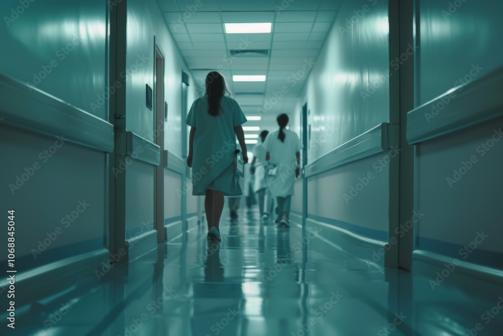 Blurred background of a doctor and nurses in hospital interior Blurred background of a doctor and nurses in hospital interior