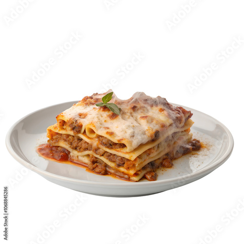 Delicious Layered Lasagna on a Plate Isolate on transparent background cutout, PNG file, Cutout file