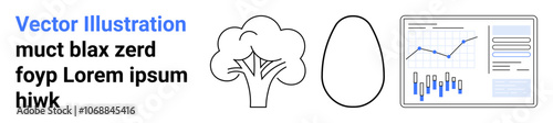 Tree, egg shape outline, analytical data chart, placeholder text in Lorem ipsum. Ideal for data visualization, nature references, business analysis, concept art, educational materials, startup