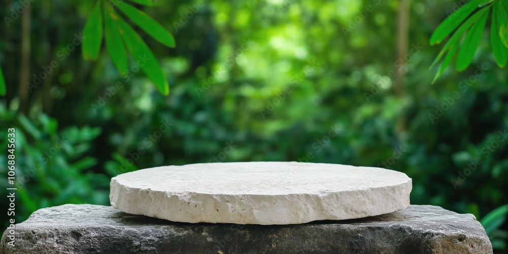 A stone slab with a white circle on it. The stone slab is surrounded by green leaves and branches A stone slab with a white circle on it. The stone slab is surrounded by green leaves and branches