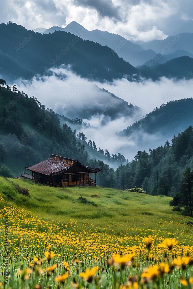Traditional House in a Field of Yellow Flowers Surrounded by Foggy Mountains Traditional House in a Field of Yellow Flowers Surrounded by Foggy Mountains