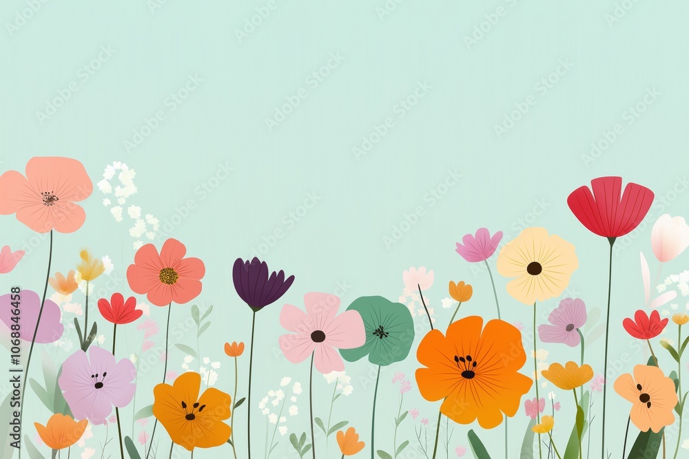 A colorful field of flowers with a blue sky background. The flowers are arranged in a way that creates a sense of depth and movement. Scene is cheerful and uplifting A colorful field of flowers with a blue sky background. The flowers are arranged in a way that creates a sense of depth and movement. Scene is cheerful and uplifting