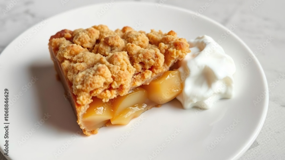 A slice of moist apple crumble, cut into wedges and served on a plain white plate with a dollop of whipped cream on the side, baking, apple crumble A slice of moist apple crumble, cut into wedges and served on a plain white plate with a dollop of whipped cream on the side, baking, apple crumble