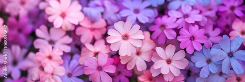 A bouquet of flowers with a mix of pink and blue colors. The flowers are arranged in a way that creates a sense of harmony and balance. The colors of the flowers are vibrant and eye-catching
