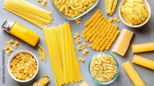 Overhead Shot of Various Pasta Types on Slate Background photo