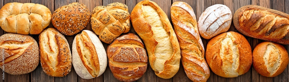 A variety of freshly baked breads arranged on a wooden background, showcasing different textures and colors, This image is ideal for use in food blogs, advertisements, or culinary publications, A variety of freshly baked breads arranged on a wooden background, showcasing different textures and colors, This image is ideal for use in food blogs, advertisements, or culinary publications,