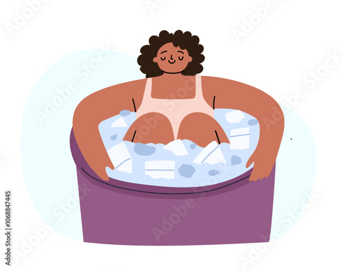Black woman taking ice pod bath for muscle relaxation and rejuvenation concept.