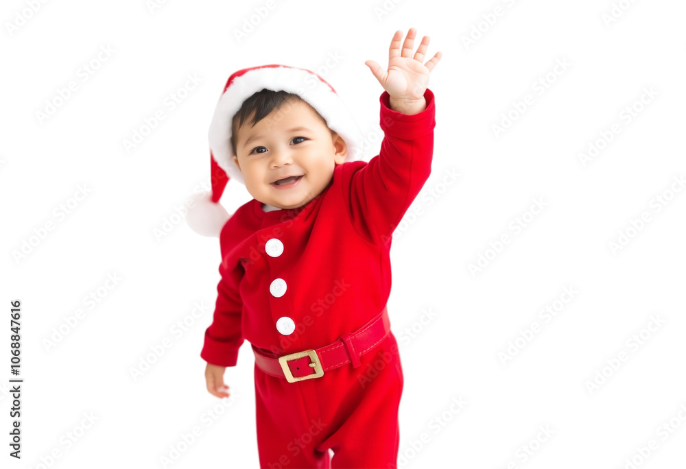 Adorable Smiling Baby in Red Christmas Outfit and Santa Hat on White Background. Transparent PNG. Adorable Smiling Baby in Red Christmas Outfit and Santa Hat on White Background. Transparent PNG.