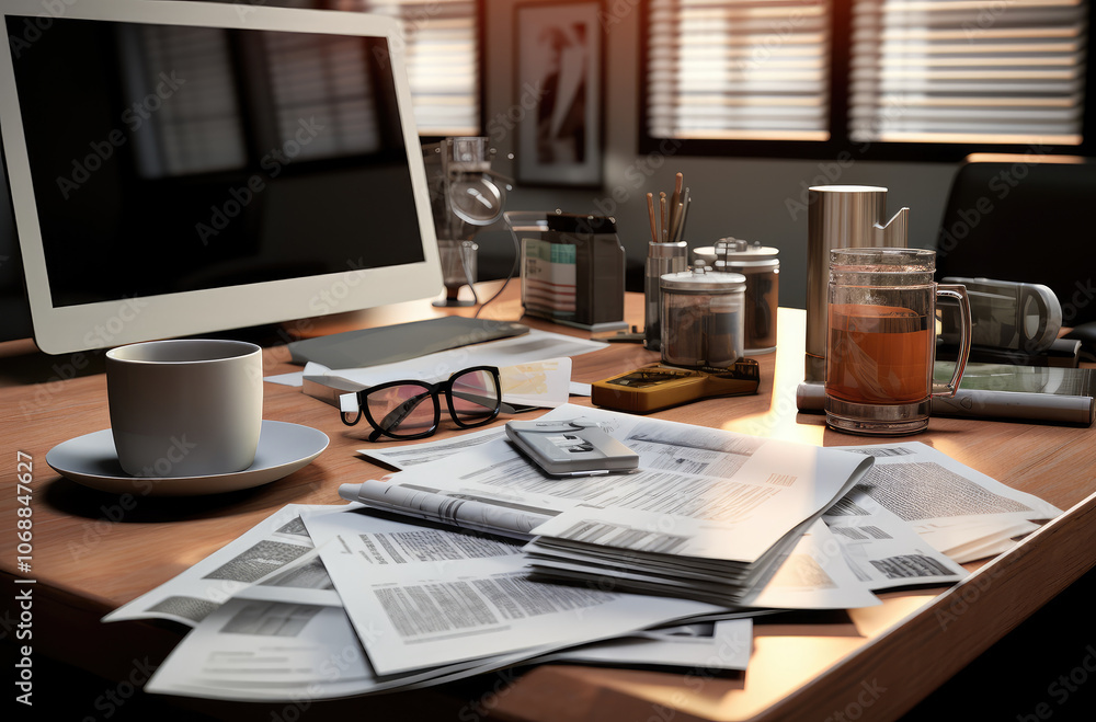 Productive Workday Morning at an Organized Office Desk Productive Workday Morning at an Organized Office Desk