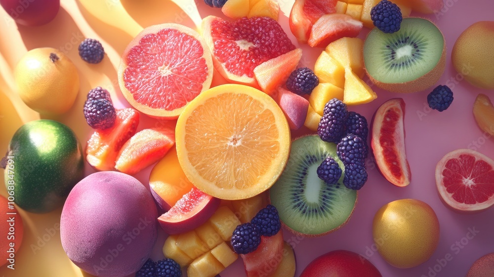 Flat lay of various fruits in a bright, colorful arrangement, with an overhead view showing vibrant natural textures and colors Flat lay of various fruits in a bright, colorful arrangement, with an overhead view showing vibrant natural textures and colors
