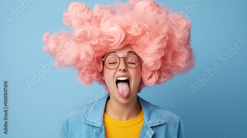 A playful young woman with vibrant pink hair makes a fun face against a blue background, perfect for themes of self-expression, creativity, youthfulness, and lifestyle in marketing and social media, photo