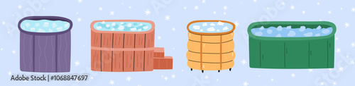 Set of isolated ice pod illustrations for stress relief and relaxation during  cryotherapy.