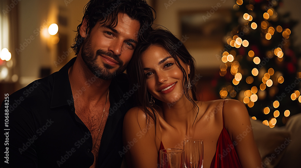 Luxury couple make a wish at New Year night Luxury couple make a wish at New Year night