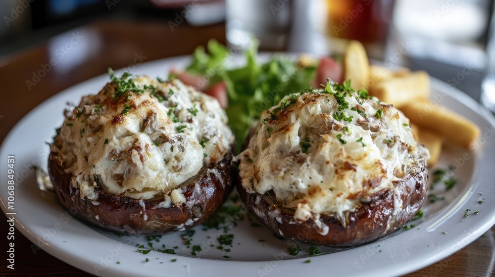 Fresh stuffed blue crabs served on a white plate, with a close-up capturing rich flavors and seafood textures 1cebe4204931 Fresh stuffed blue crabs served on a white plate, with a close-up capturing rich flavors and seafood textures 1cebe4204931