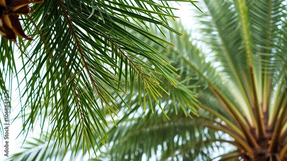Fototapeta premium Palm tree branches with delicate leaves and vibrant green hue, lush foliage, stem anatomy