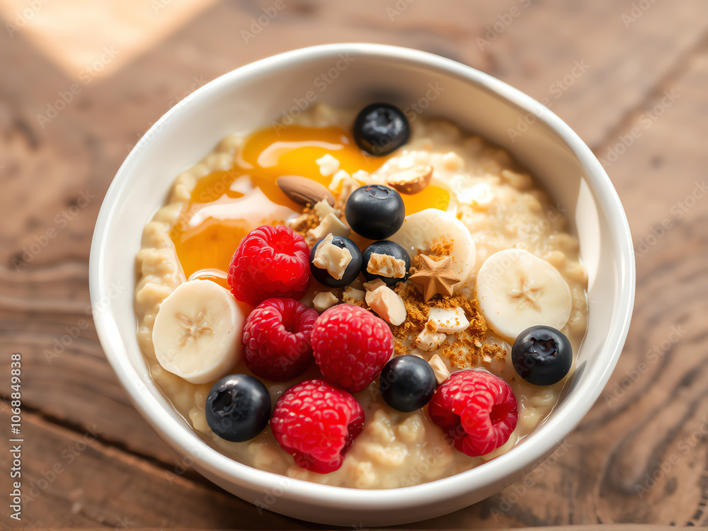 Delicious breakfast bowl featuring oatmeal topped with fresh raspberries, blueberries, banana slices, honey, and nuts on a rustic wooden table Delicious breakfast bowl featuring oatmeal topped with fresh raspberries, blueberries, banana slices, honey, and nuts on a rustic wooden table