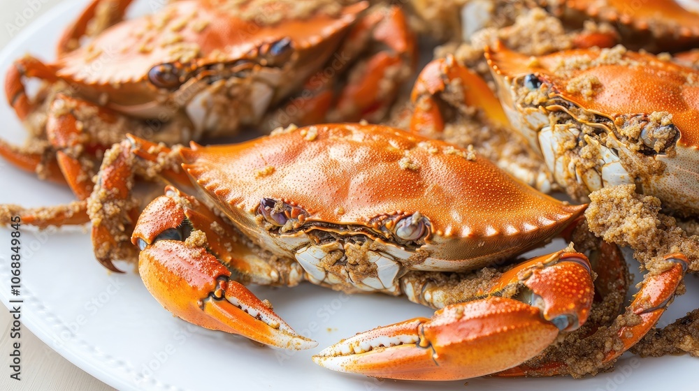 Fresh stuffed blue crabs served on a white plate, with a close-up capturing rich flavors and seafood textures 1cebe4204931 Fresh stuffed blue crabs served on a white plate, with a close-up capturing rich flavors and seafood textures 1cebe4204931