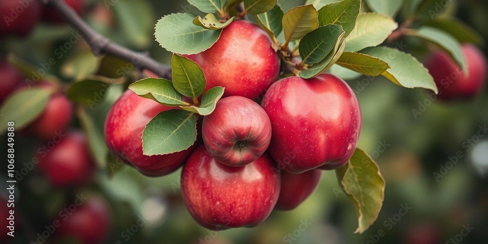 red apples on a branch with green leaves, botanical illustration, fruit selection red apples on a branch with green leaves, botanical illustration, fruit selection