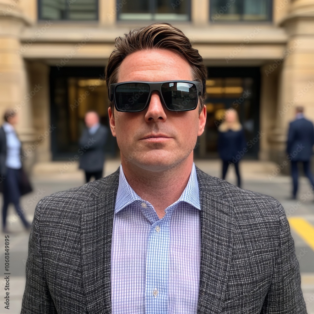 A man in a suit and sunglasses stands in front of a building. A man in a suit and sunglasses stands in front of a building.